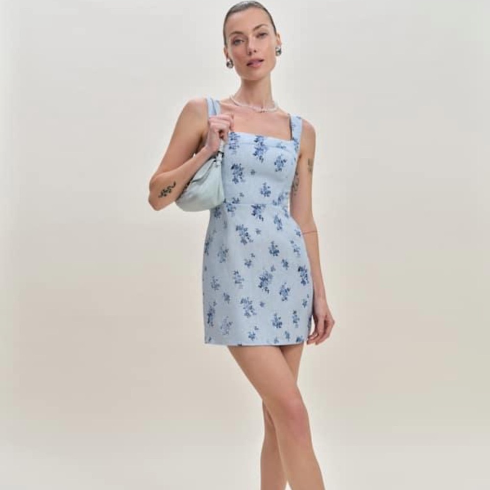 Reformation Celosa Linen Mini Dress Size 12 Blue Floral